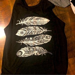 boho grey tank top with white feathers